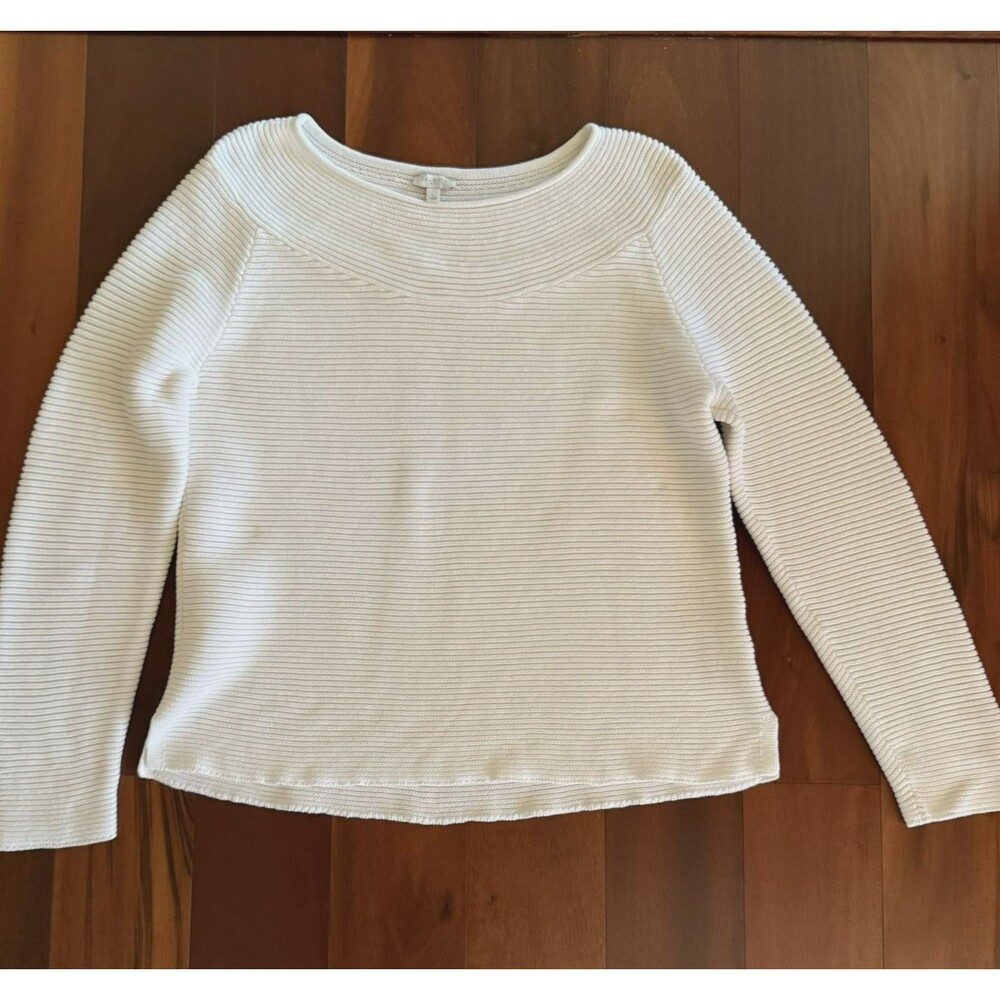 Women's Talbots Sweater Cream Ivory Ribbed Scoop Neck 100% Cotton Buttons Sz L